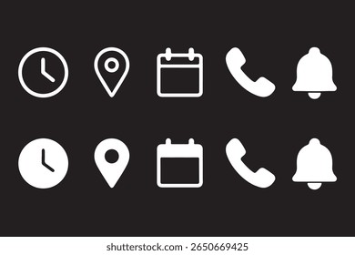 Location, Calendar, Time and Notification icons. Calendar, address location pointer and alarm bell. Notice alert, business schedule and office time clock. Location place, date reminder. 