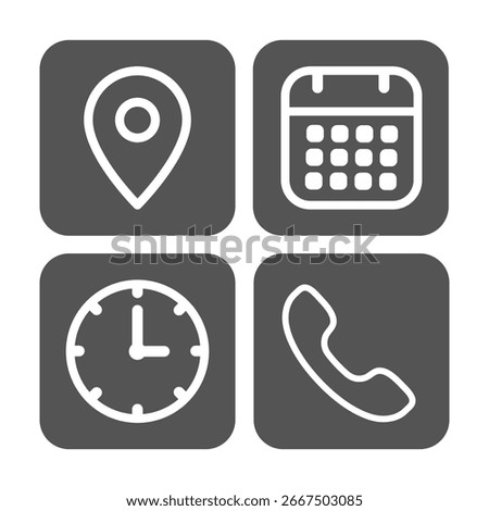 Location, calendar, time, phone line icons set, editable stroke isolated on grey, linear vector icon
