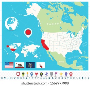 Location of California on USA map with flags and map icons. Detailed vector illustration.