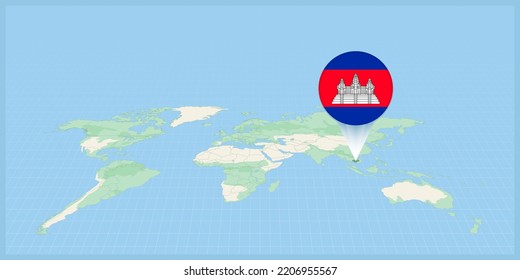 Ubicación de Camboya en el mapa del mundo, marcado con la bandera de Camboya. Ilustración vectorial cartográfica.