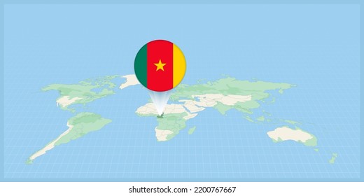Location of Cameroon on the world map, marked with Cameroon flag pin. Cartographic vector illustration.