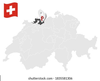 Standort Kanton Basel-Landschaft auf Karte Schweiz. 3D-Ortszeichen ähnlich der Flagge der Basel-Landschaft. Qualitätskarte mit Provinzen der Schweiz für Ihr Design. EPS10.