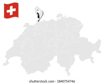 Location Canton of   Basel-Stadt on map Switzerland. 3d location sign similar to the flag of   Basel-Stadt. Quality map  with cantons of  Switzerland for your design. EPS10.