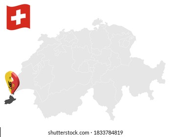 Lage Kanton Genf auf Karte Schweiz. 3D-Ortszeichen ähnlich der Flagge von Genf. Qualitätskarte mit Provinzen der Schweiz für Ihr Design. EPS10.