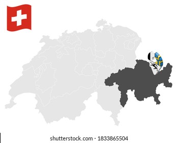 Location Canton of  Grisons on map Switzerland. 3d location sign similar to the flag of  Grisons. Quality map  with  provinces of  Switzerland for your design. EPS10.