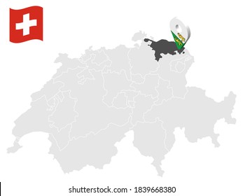 Location Canton of  Thurgau on map Switzerland. 3d location sign similar to the flag of  Thurgau. Quality map  with cantons of  Switzerland for your design. EPS10.