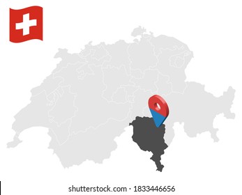 Location Canton of  Ticino  on map Switzerland. 3d location sign similar to the flag of  Ticino. Quality map  with  provinces of  Switzerland for your design. EPS10.