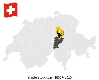 Ort Kanton Uri auf Karte Schweiz. 3D-Ortszeichen ähnlich der Flagge von Uri. Qualitätskarte mit Provinzen der Schweiz für Ihr Design. EPS10.