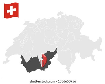 Location Canton of  Valais on map Switzerland. 3d location sign similar to the flag of  Valais. Quality map  with  provinces of  Switzerland for your design. EPS10.