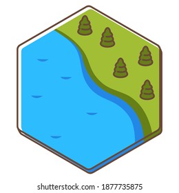 Location card of board game for kids, isolated icon of landscape from top of river and pine tree forest or meadow. Playing and leisure on vacations for children. Story competition. Vector in flat