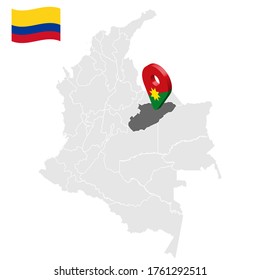Location of Casanare on map Colombia. 3d Casanare location sign. Flag of Casanare. Quality map with regions  of Colombia for your web site design, logo, app, UI. Stock vector. EPS10.