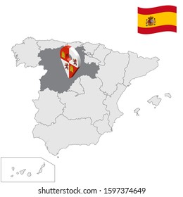 Location of Castile and Leon on map Spain. 3d Castile and Leon location sign similar to the flag of Castile and Leon. Quality map  with regions Kingdom of Spain. Stock vector. EPS10.