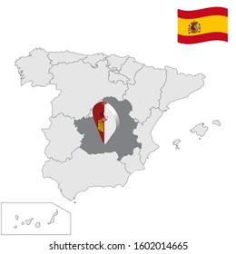 Location of Castilla La Mancha on map Spain. 3d Castilla La Mancha location sign similar to the flag of Castilla La Mancha. Quality map  with regions Kingdom of Spain. Stock vector. EPS10.