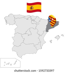Location of  Catalonia on map Spain. 3d Catalonia location sign similar to the flag of Catalonia. Quality map  with regions Kingdom of Spain. Stock vector. EPS10.