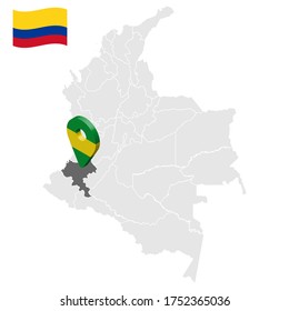 Location of Cauca on map Colombia. 3d Cauca location sign. Flag of Cauca. Quality map with regions Republic of Colombia for your web site design, logo, app, UI. Stock vector. EPS10.