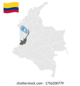 Location of Cauca's Valley on map Colombia. 3d Cauca's Valley location sign. Flag of Cauca's Valley. Quality map with regions  of Colombia for your web site design, logo, app, UI. Stock vector. EPS10.