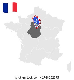 Location of Center - Loire Valley on map France. 3d location sign similar to the flag of Center - Loire Valley. Quality map  with regions of  French Republic for your design. EPS10.