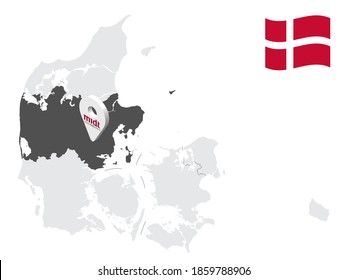 Location Central Denmark Region on map Denmark. 3d location sign similar to the flag of Central Denmark Region. Quality map  with regions of Denmark for your design. EPS10.