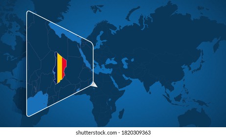 Location of Chad on the World Map with Enlarged Map of Chad with Flag. Geographical Vector Template for your design.