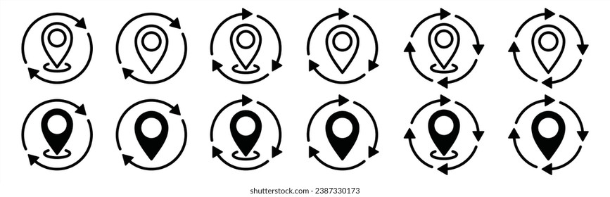Location change icons. Sync map pin pointer icon. Replace, update location. Map pin marker exchange icon symbol on white background. Vector illustration