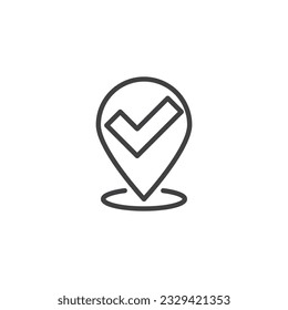 Icono de línea de punto de verificación de ubicación. Señal de estilo lineal de pin de destino para concepto móvil y diseño web. Ubicación con marca de verificación icono vector de contorno. Símbolo, ilustración del logotipo. Gráficos vectoriales