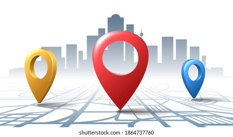 Location check road pins. Vector infographic locationing pin set on city map, localization 3d pinning roadcheck gps diagram