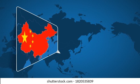 Location of China on the World Map with Enlarged Map of China with Flag. Geographical Vector Template for your design.