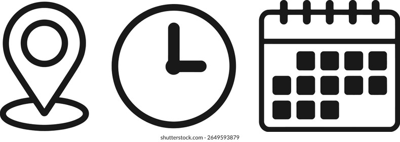 Iconos del reloj de Locación y del calendario que simbolizan la planificación, la programación y la silueta de las citas