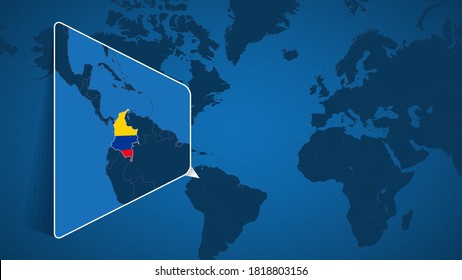 Location of Colombia on the World Map with Enlarged Map of Colombia with Flag. Geographical Vector Template for your design.