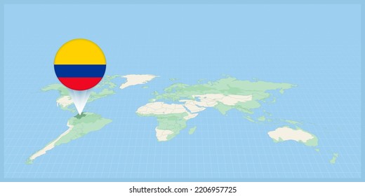 Location of Colombia on the world map, marked with Colombia flag pin. Cartographic vector illustration.