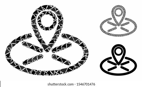 Location composition of rough elements in different sizes and color hues, based on location icon. Vector raggy pieces are organized into collage. Location icons collage with dotted pattern.