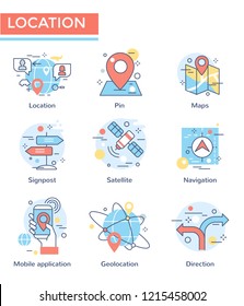Iconos de concepto de ubicación, línea delgada, diseño plano