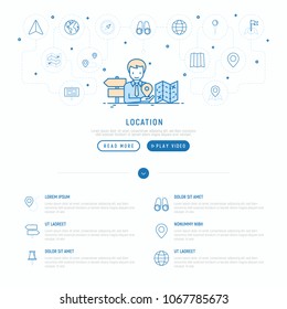 Location concept: man is looking for right direction with thin line icons: pin, pointer, route, compass, wall needle, cursor, navigation, gps, binoculars. Modern vector illustration, web page template