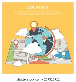 Location concept. World map infographic in flat design style. Globe with pointers on map
