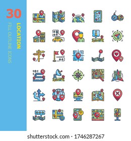 Location, Contains such Icons as Map with a Pin, Route map, Navigator, Direction and more 30 Fill Outline icons set. Icon design for web design, mobile application, website and graphic design. 