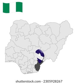Ubicación en el estado de Cross River en el mapa de Nigeria. 3d Signo de ubicación a través del río. Bandera de Nigeria. Mapa de calidad con los estados de Nigeria para el diseño de tu sitio web, logotipo, aplicación, interfaz de usuario. Vector de material. EPS10.