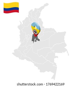 Location of Cundinamarca on map Colombia. 3d Cundinamarca 
 location sign. Flag of Cundinamarca. Quality map with regions  of Colombia for your web site design, logo, app, UI. Stock vector. EPS10.