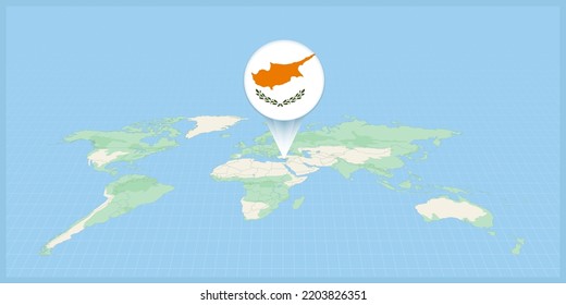 Location of Cyprus on the world map, marked with Cyprus flag pin. Cartographic vector illustration.