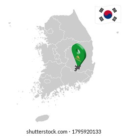 Location of Daegu on map South Korea. 3d location sign similar to the flag of Daegu. Quality map  with  provinces of  South Korea for your design. EPS10.