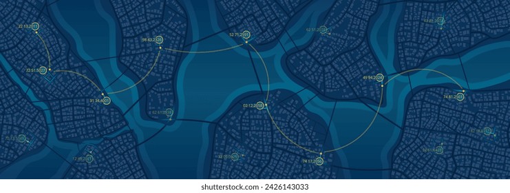 Location data on an abstract map. Designated markers. Graphic visualization background data on map graph. Abstract vector map of roads with data on top of it. Editable illustration.