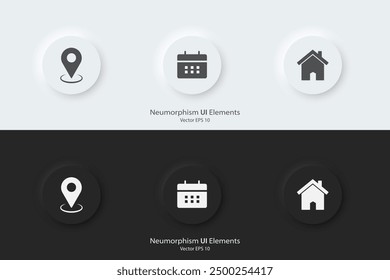 Locación, fecha, ícono de Dirección. Conjunto de iconos de Web. Conjunto de Botones redondos en blanco y negro con símbolos de ubicación, fecha y Dirección. Estilo de diseño de neumorfismo 3D para App, Sitios web, UI UX. Ilustración vectorial.