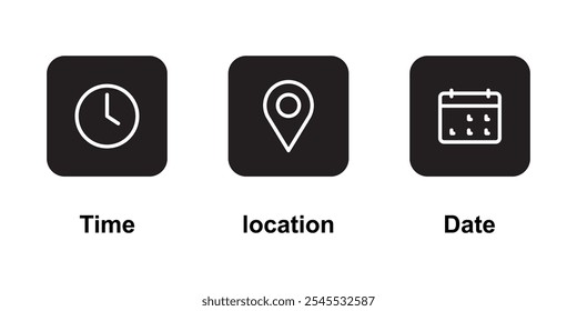Ícones de local, data e linha de tempo 