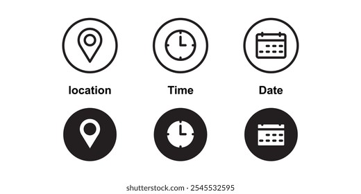 Location, date and time line icons 
