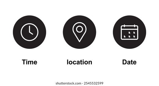 Ícones de local, data e linha de tempo 