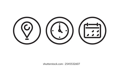 Ícones de local, data e linha de tempo 