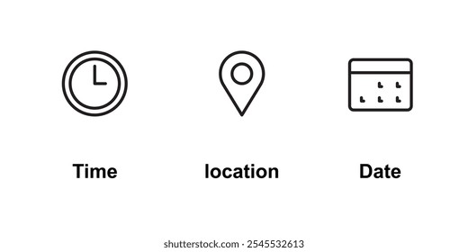Location, date and time line icons 