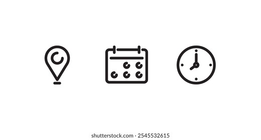 Location, date and time line icons 