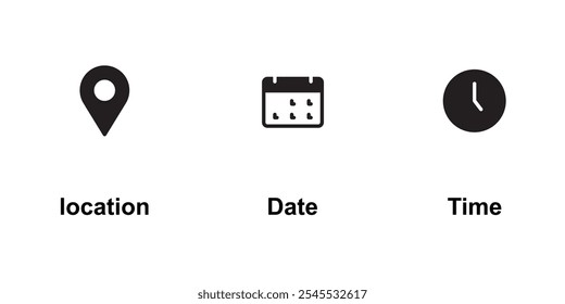 Location, date and time line icons 