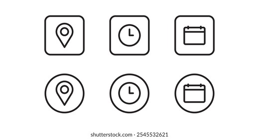 Ícones de local, data e linha de tempo 