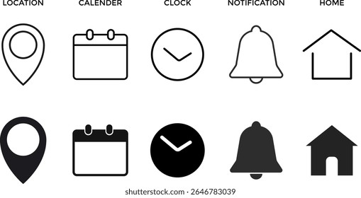 

Localização, Data, hora, notificação, conjunto de ícones de endereço. localização do mapa de pin. Ícones de endereço

